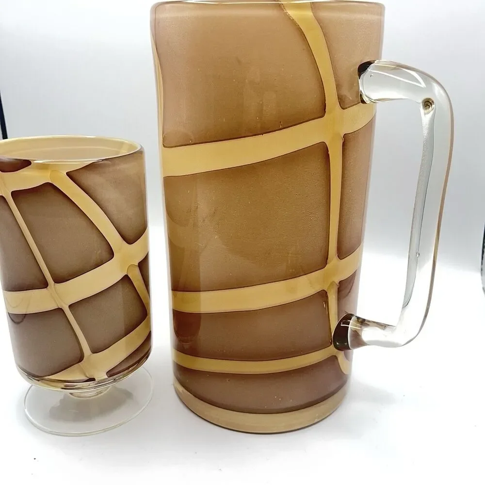 Vintage Hand Blown Glass Pitcher w Handle Nude w Cream Swirls Plus One Glass